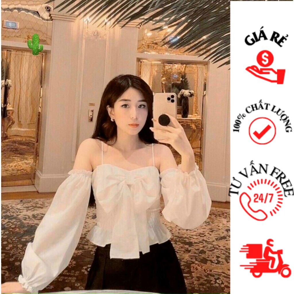 Áo kiểu nơ tay dài HANi bệt vai gợi cảm phong cách hàn chất vải kate PV1