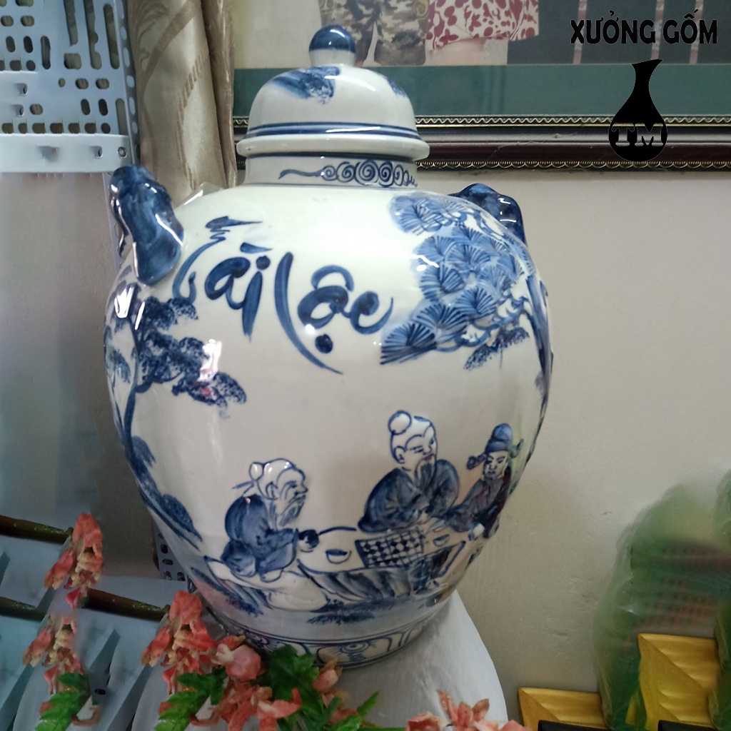 Chum Sành Đựng Nước, Ngâm Rươ.u Tráng Men Họa Tiết Đánh Cờ Chữ Tài Lộc Xưởng Gốm TM Bát Tràng 30L