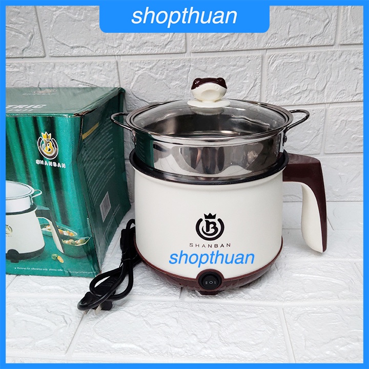 Nồi đa năng mini Shanban HM18 có tay cầm, có xửng hấp kim loại  - ca nấu lẩu, nấu mì, luộc ,hấp