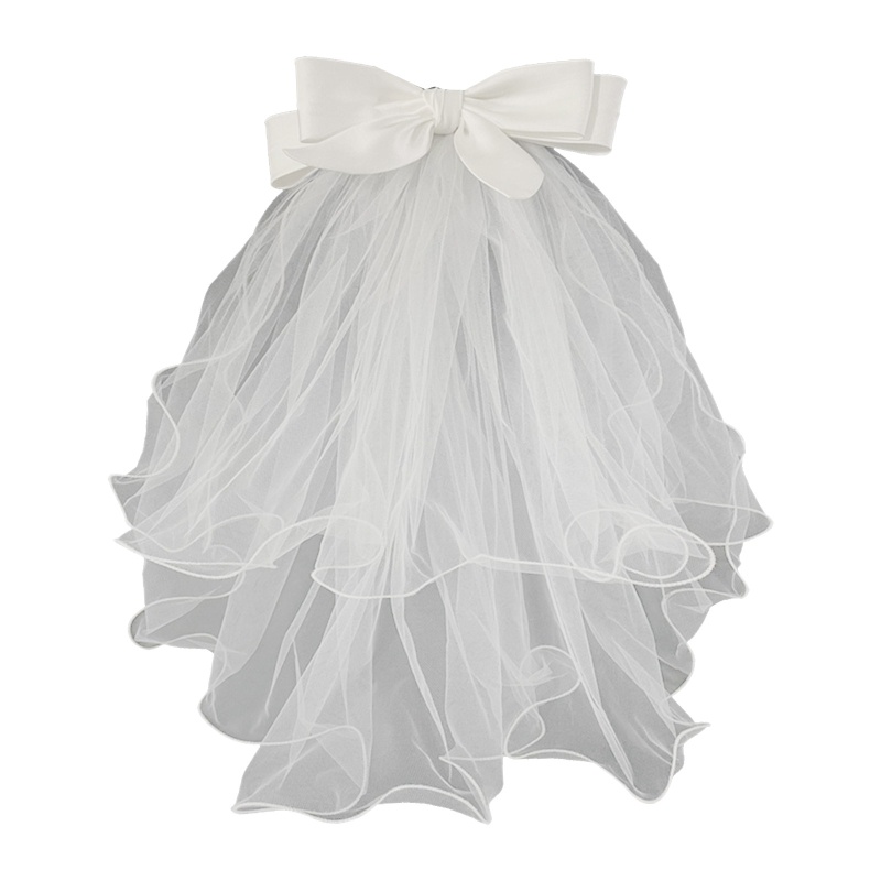 Mạng Che Mặt Cô Dâu Hai Lớp Màu Trắng Đính Nơ Kèm Lược