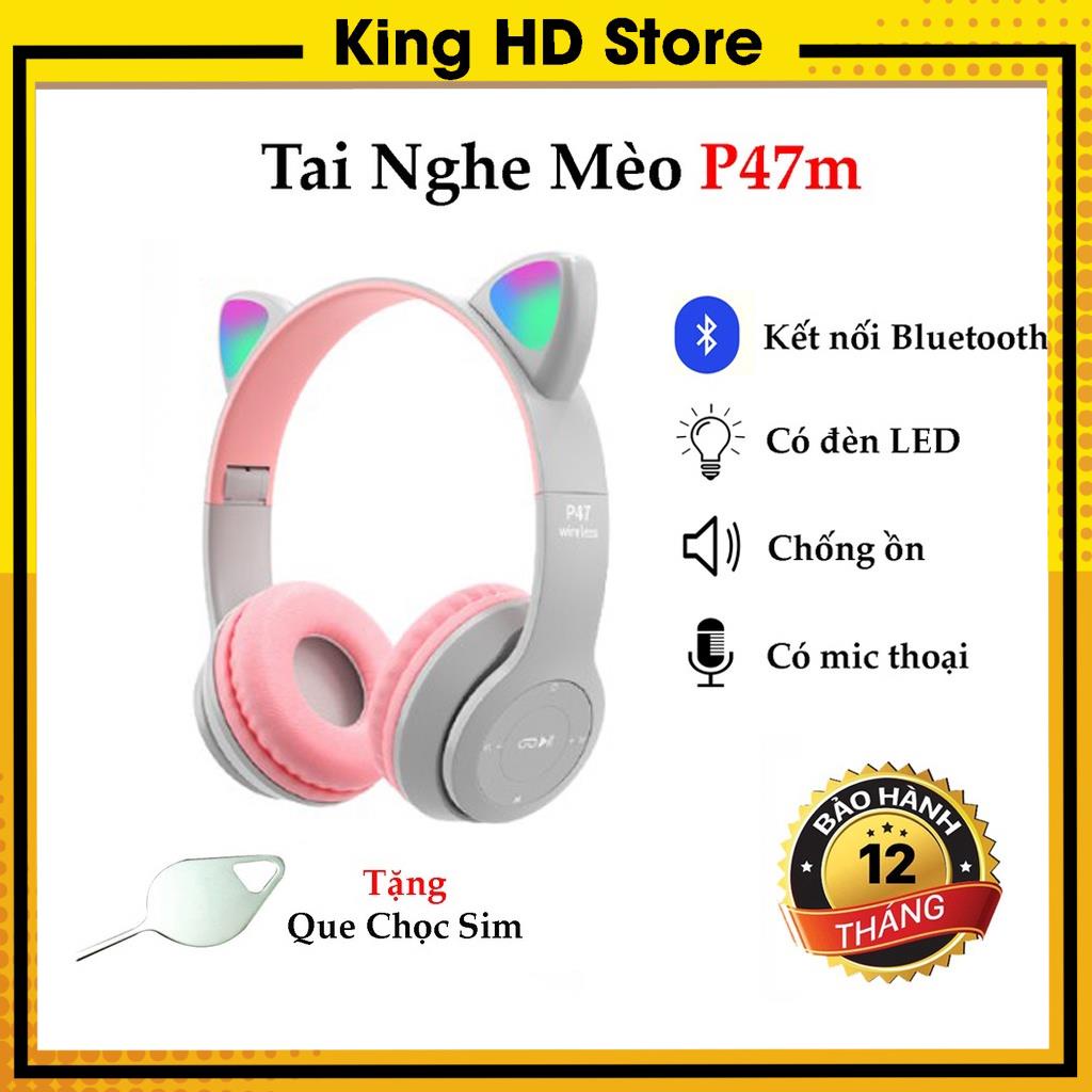 Tai Nghe Không Dây Bluetooth Tai Mèo P47M , Tai Nghe Không Dây Chụp Tai - Có Míc - Đệm Tai Êm - Tích Hợp Đèn Led