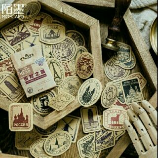 Bộ 46 sticker con tem trang trí vintage cổ điển