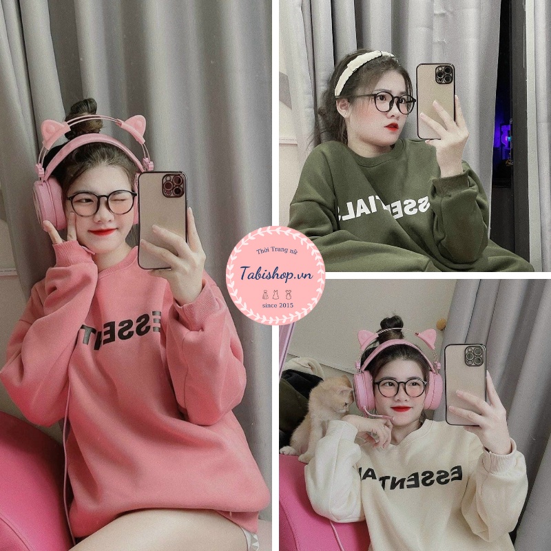 Áo sweater nữ in chữ ESSENTIALS Áo hoodie nỉ form rộng phong cách ulzzang Hàn Quốc siêu xinh