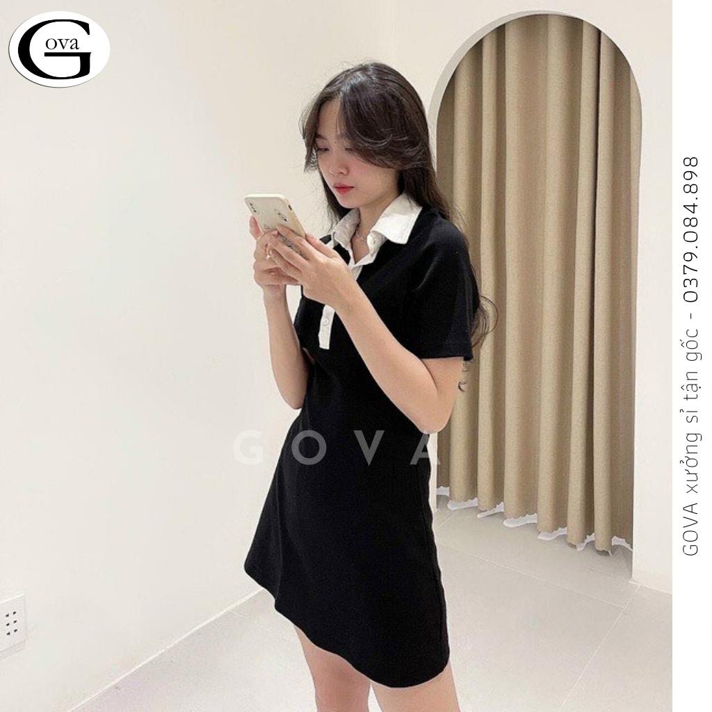 Đầm Váy CỔ POLO Phối Trắng Dáng Xoè Thun Borip Ôm Đẹp GOVA