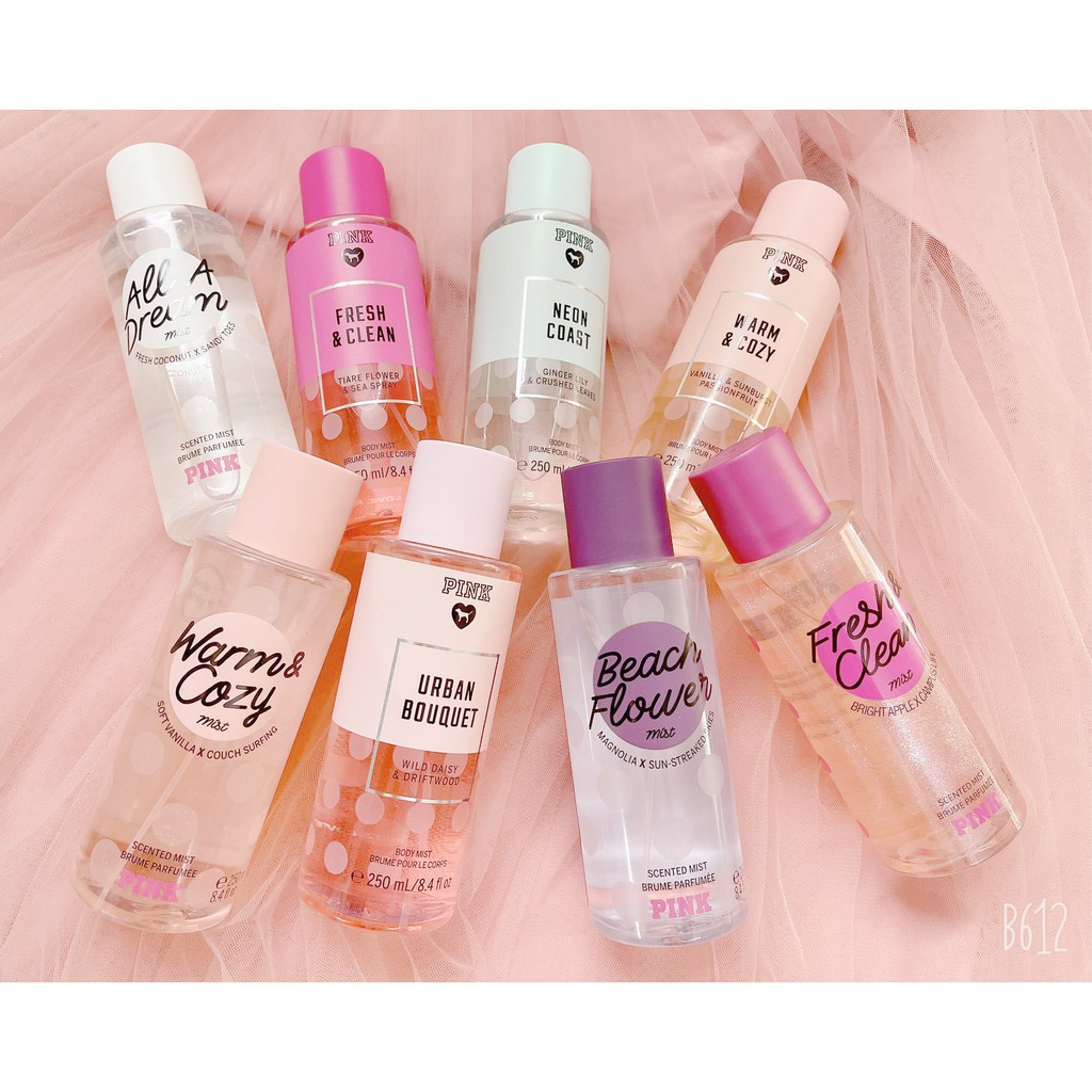 Xịt toàn thân Pink - Victoria's Secret - Fresh &amp; Clean, Urban Bouquet, Warm &amp; Cozy, Neon coast,Beach Flower