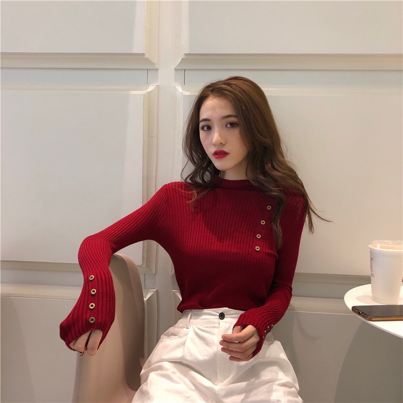 Áo sweater tay dài cổ cao dáng ôm thời trang cho nữ