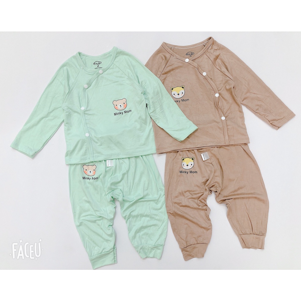 Bộ Dài Tay Bé Trai, Bé Gái Minky Mom Vải Thun Lạnh Cúc Chéo Hoạ Tiết Hình Gấu, Bộ Đồ Cho Bé Mặc Thu Đông AN.KID