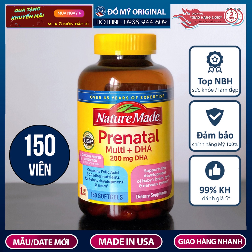 Vitamin Tổng Hợp Cho Bà Bầu Nature Made Prenatal Multi DHA 150 Viên Giúp Tăng Cường Sức Khỏe Bổ Sung Vitamin Khoáng Chất