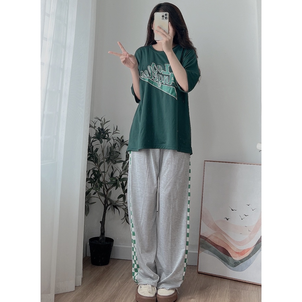 Set Kẻ Caro Xanh Los Angeles PEONYB Nữ [FREESHIP]  Bộ đồ quần culottes da cá kèm áo thun form rộng tay lỡ Ulzzang
