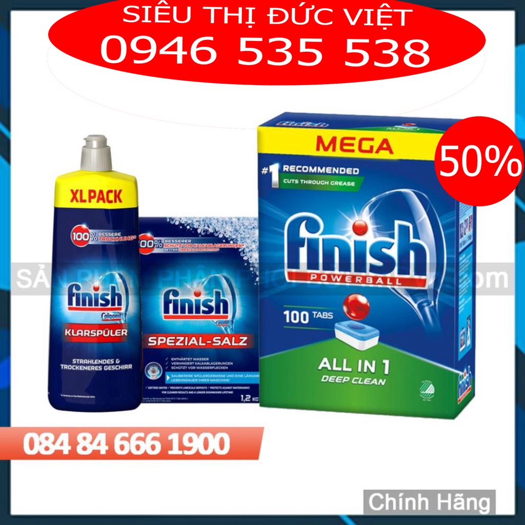 Combo viên rửa bát Finish Hộp All in one  90 viên, Muối 1.2kg, Nước làm bóng 750ml - siêu thị đức việt
