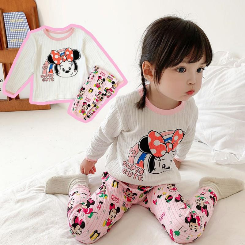 IU Baby Kids Girls Boys Cartoon Mickey Pincess Print Sleepwear Long Sleeve Blouse Casual Long Pants Set