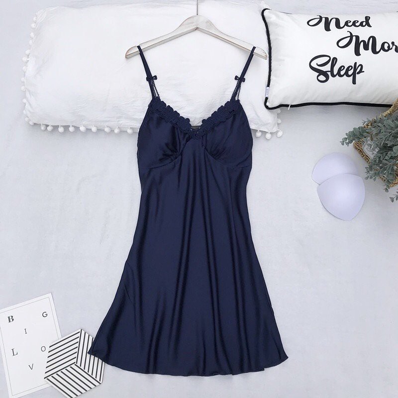 Đầm Ngủ Lụa Satin Cao Cấp Mặc Nhà Có Mút Ngực Đủ Size Dưới 85Kg DAMAD28AMK