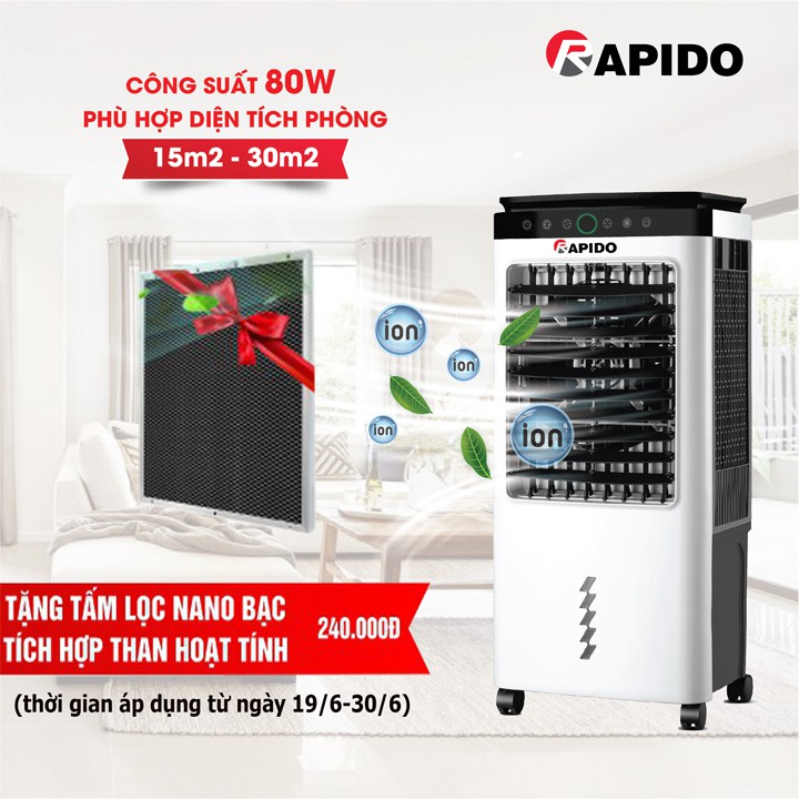 Quạt điều hòa Rapido FRESH 6000D _ Bảo hành chính hãng tới 12 tháng , Tặng 2 cục đá khô , 4 Bánh xe , Bảo hành tại nhà