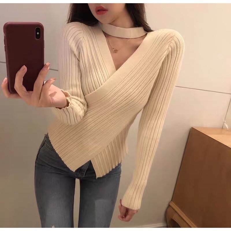 Áo len vạt chéo cổ choker siêu sang, áo len nữ cách điệu phong cách Hàn Quốc