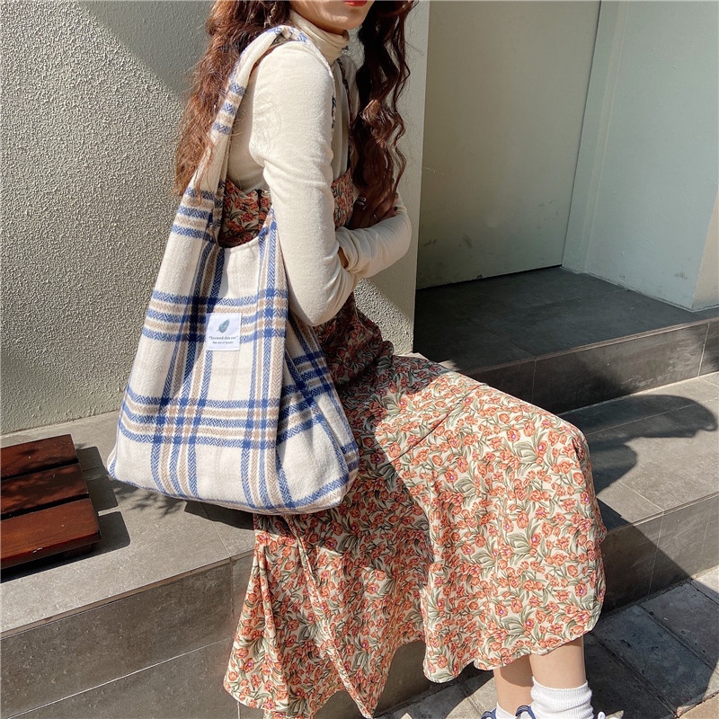 Túi xách YADOU vải canvas sọc ca rô màu tương phản phong cách Nhật Bản dễ thương cho nữ