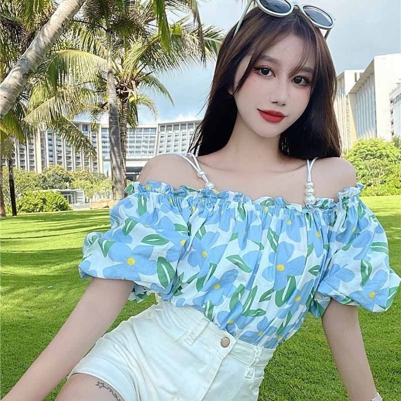 Áo Trễ Vai Ngắn Tay Họa Tiết Hoa Phong Cách Hàn Quốc Dành Cho Nữ