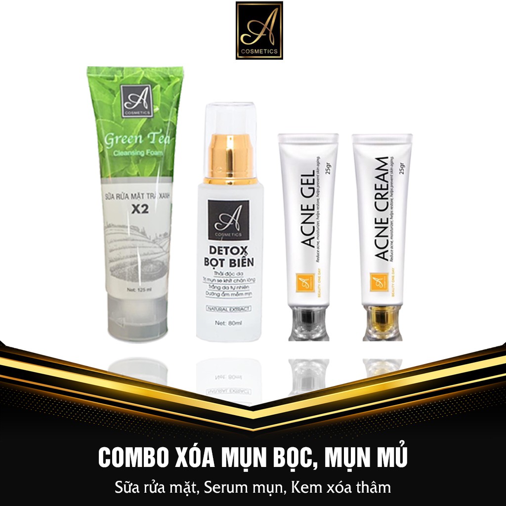 Bộ 3 sản phẩm thải độc, ngăn ngừa mụn Acosmetics: Sữa rửa mặt trà xanh + Detox bọt biển và Kem loại bỏ mụn siêu tốc