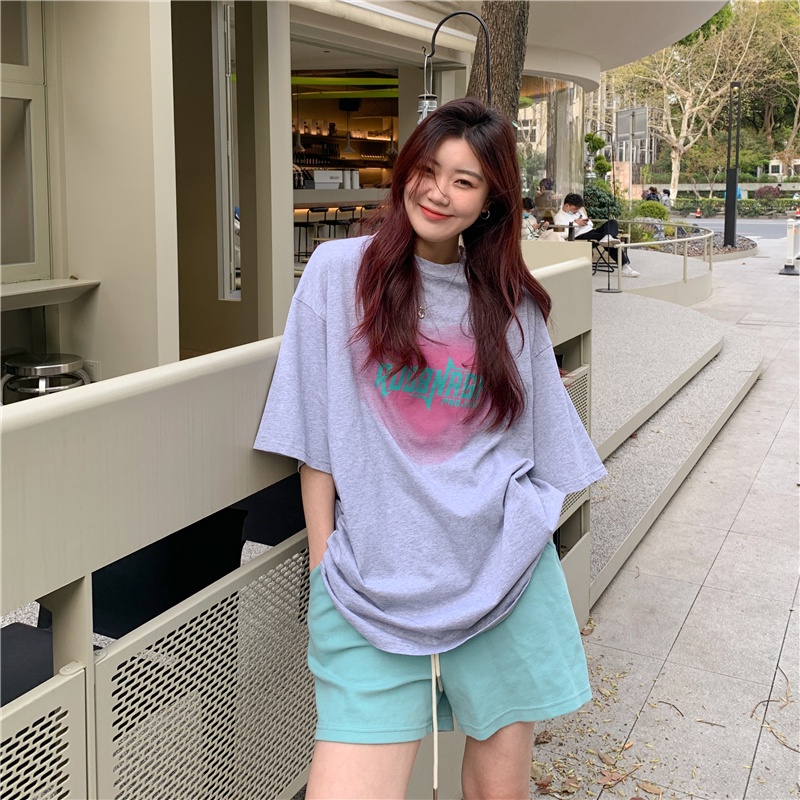 Áo thun SUXI tay ngắn cổ tròn dáng rộng in chữ thời trang mùa hè cho nữ