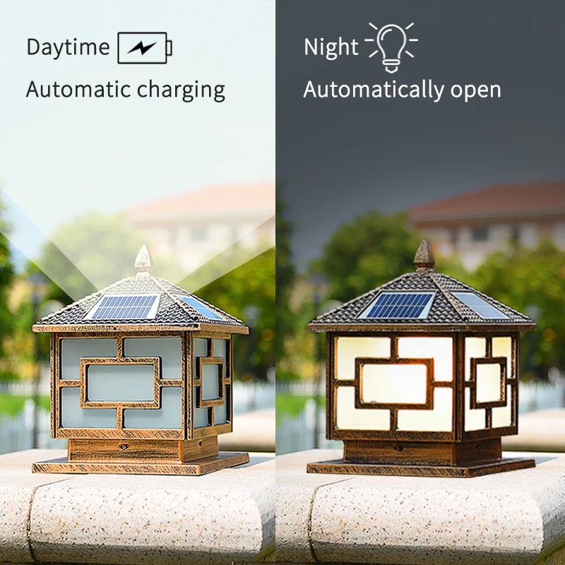 Đèn cổng năng lượng mặt trời LED rgb kiểu cổ điển đen đồng 25x25x30