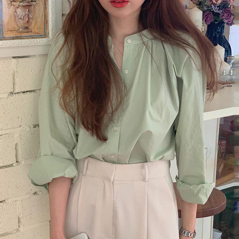 Áo sơ mi dài tay cổ tròn màu hồng xinh xắn sành điệu