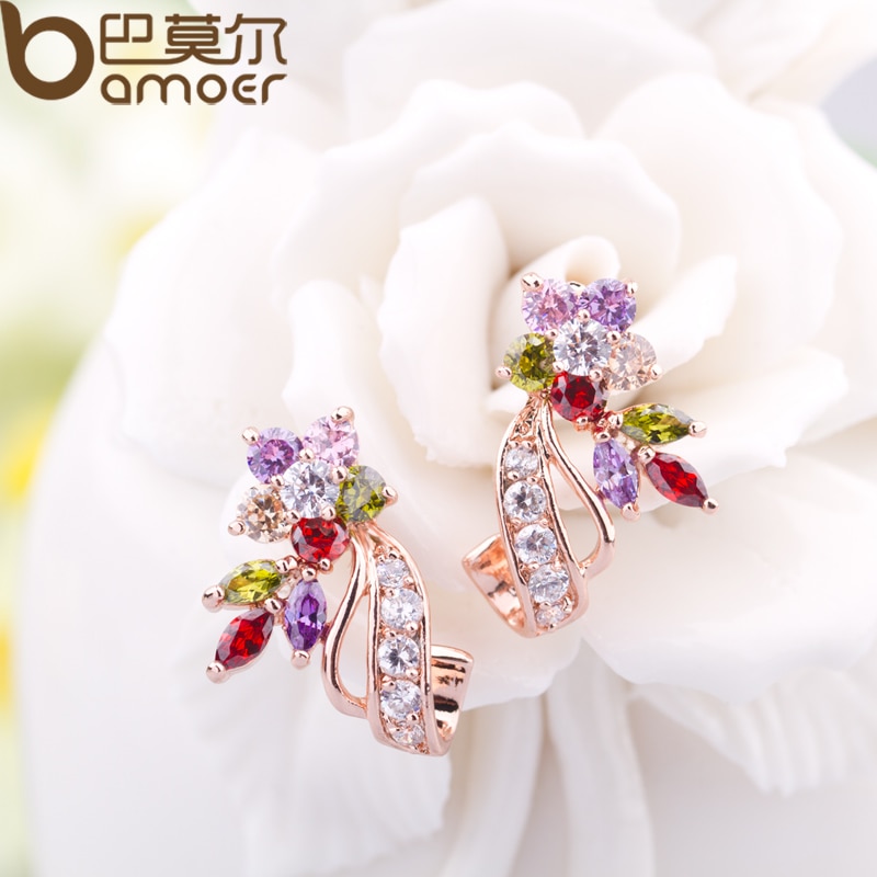 Khuyên tai BAMOER JIE019 màu vàng hình bông hoa đính đá zircon nhiều màu sắc thời trang cho nữ