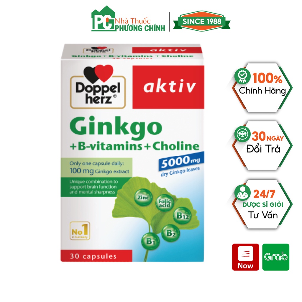 Viên Uống Bổ Não Doppelherz Ginkgo + B-Vitamins + Choline Giúp Tăng Cường Tuần Hoàn Não, Cải Thiện Trí Nhớ (Hộp 30 Viên)