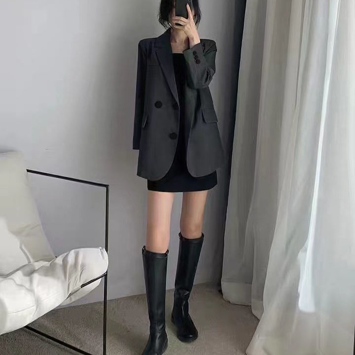 Áo khoác vest dáng dài màu xám phong cách retro Hàn Quốc thời trang xuân thu cho nữ