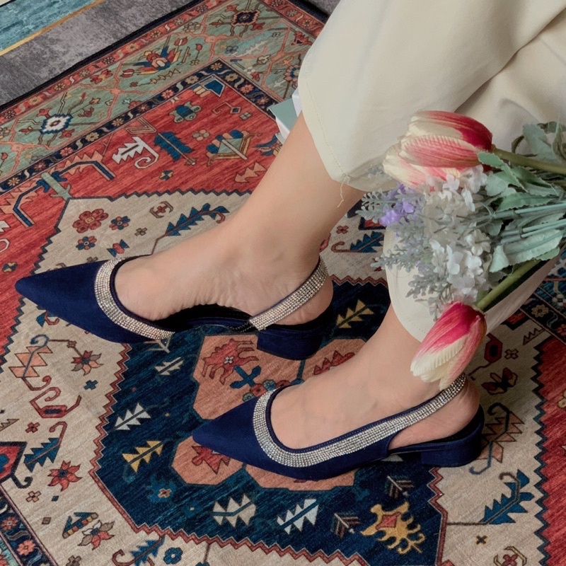Giày nữ cao gót Slingback mũi nhọn quai viền hạt đá sáng có thêm bigsize_40_41_42