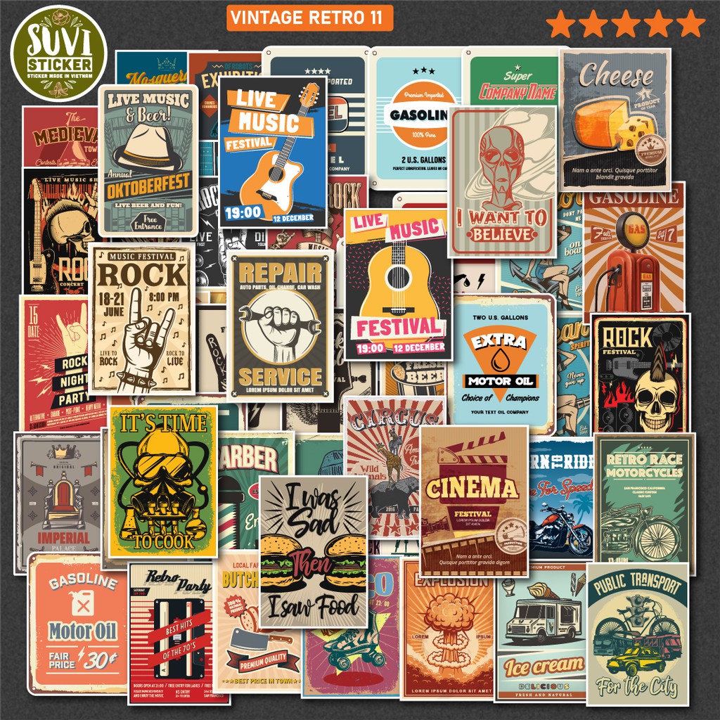 50 Sticker Vintage Retro 11 chống nước sticker dán laptop, điện thoại, đàn guitar, mũ bảo hiểm, vali. MSP:VR11