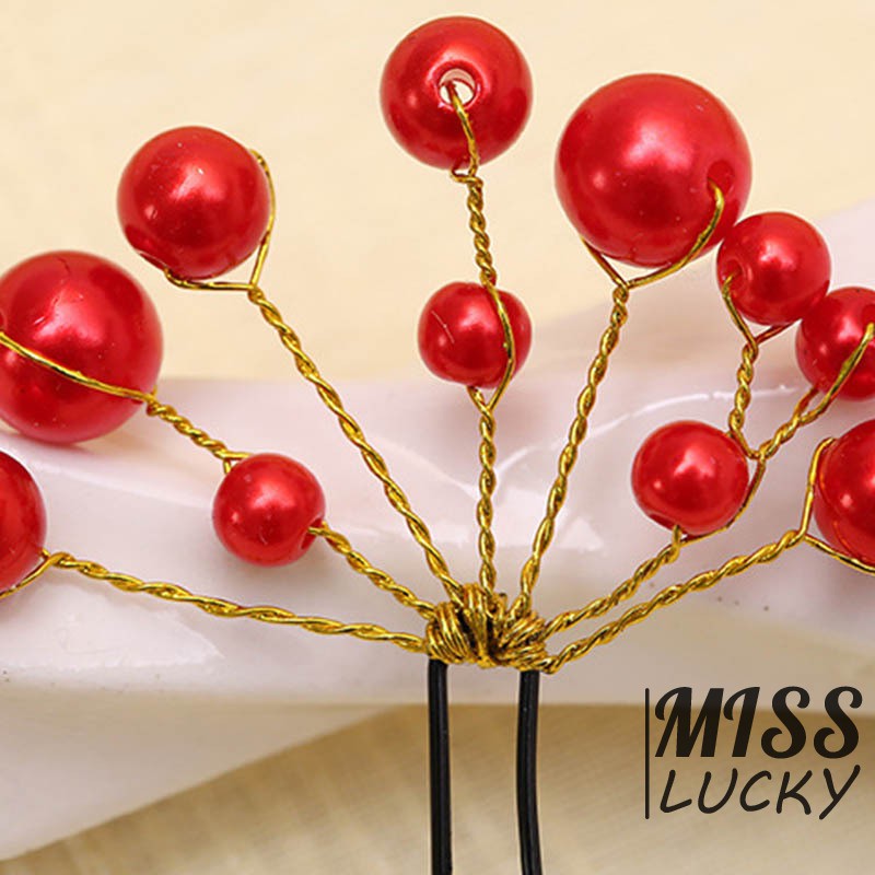 Set 6 trâm cài tóc đính hạt ngọc trai màu đỏ xinh xắn thời trang cho nữ