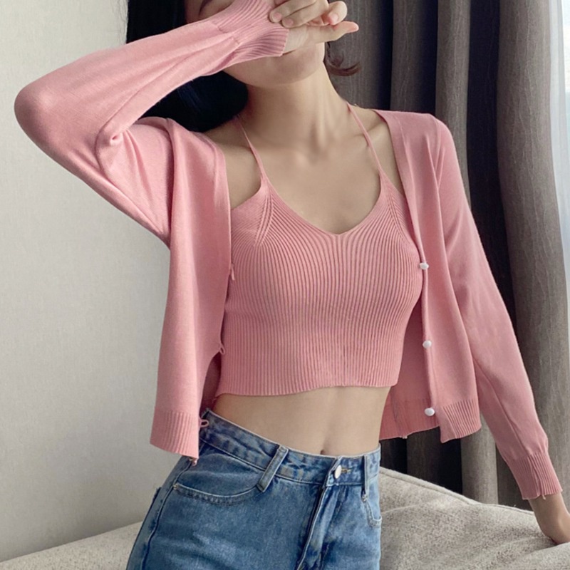 Set Áo Cardigan Dệt Kim Tay Dài + Áo Hai Dây Màu Sắc Đơn Giản Phong Cách Hàn Quốc Cho Nữ