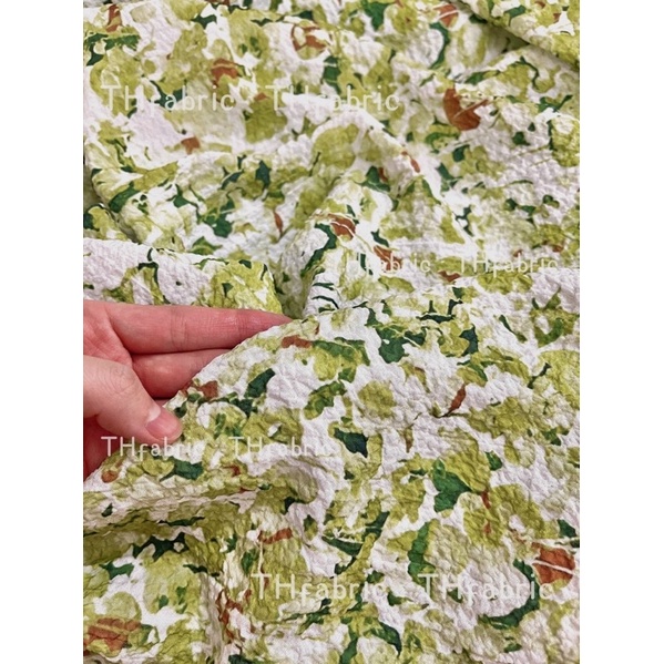 vải đũi nhăn cotton mềm mát co giãn lá xanh cốm to