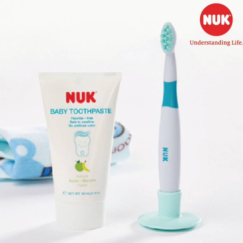 Kem đánh răng trẻ em không flouride NUK 50ml cho bé 3-36 tháng an toàn khi nuốt hương táo chuối