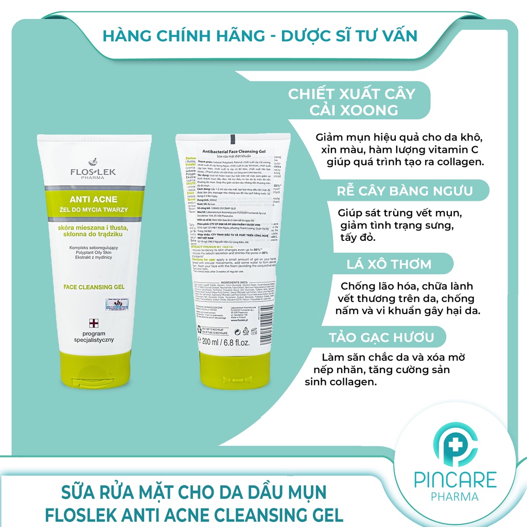 Sữa rửa mặt cho da dầu mụn Floslek Anti Acne Cleansing Gel 125ml 200ml - Hàng chính hãng - Nhà thuốc Pincare