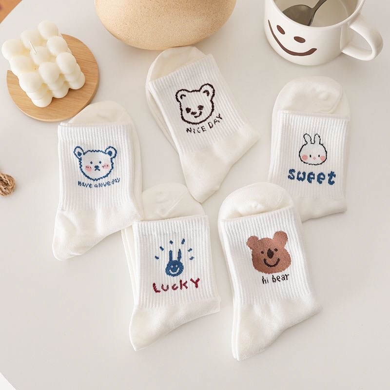 Set 5 Tất gấu trắng - vớ cổ cao hoạ tiết hình đáng yêu chất liệu vải cotton co giãn bốn chiều