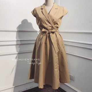 Váy kaki xoè cổ vest đai nơ