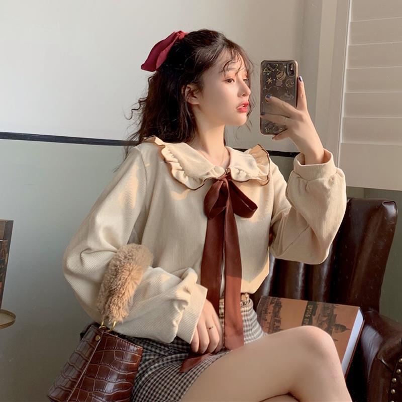 Áo Sơ Mi Nhung Tay Dài Cổ Peter Pan Phong Cách Pháp Retro Mẫu Mới 2021 Dành Cho Nữ