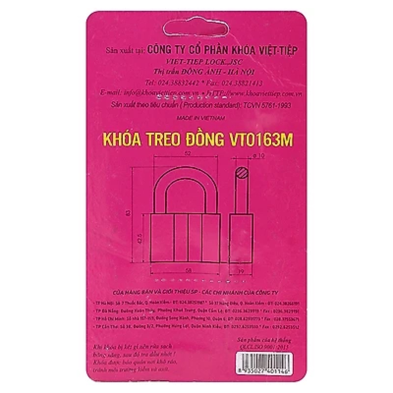 Ổ Khoá Việt Tiệp Loại Lớn 85 x 58 Ống Phi 10mm (Khoá Chìa)