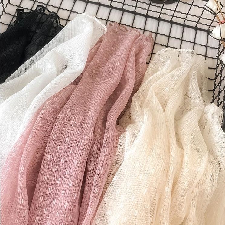 Áo Lưới Tay Dài Loe Phối Ren Họa Tiết Chấm Bi Dành Cho Nữ