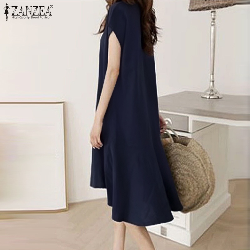 Váy ngắn ZANZEA màu trơn cổ chữ V dáng rộng kiểu dáng đơn giản thời trang cho nữ