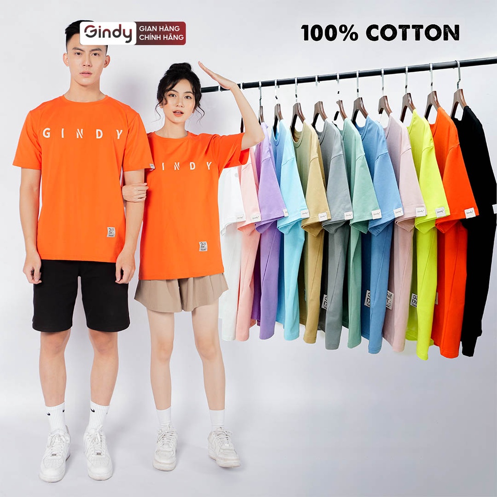 Áo phông cotton thun unisex trơn form rộng GINDY nam nữ dáng basic tay lỡ cổ tròn thoáng mát, co giãn 4 chiều A028