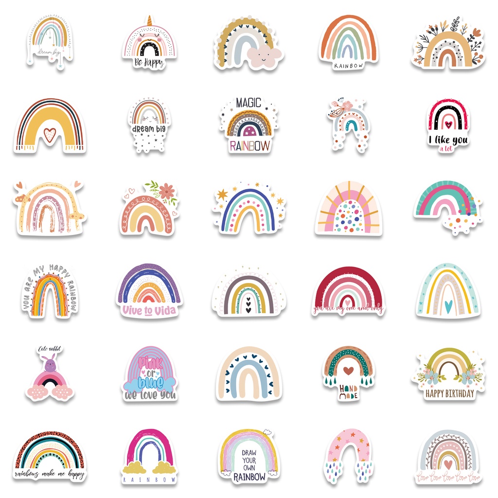 Bộ 60 Miếng Dán Hình Cầu Vồng Hoạt Hình Trang Trí Laptop/Tủ Lạnh/Điện Thoại/Ván Trượt