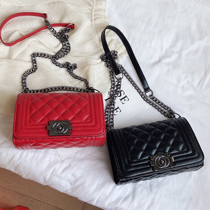 Túi đeo chéo IELGY dáng vuông nhỏ phối dây xích phong cách Hàn Quốc thời trang cho nữ