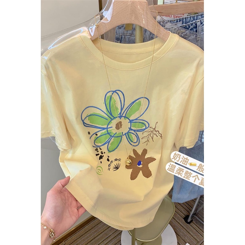 Áo thun HIIXIIVI 100% cotton tay ngắn cổ tròn in hình thời trang mùa hè phong cách Hàn Quốc cho nữ 2022