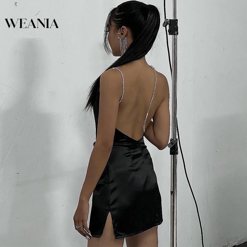 Đầm hai dây WEANIA hở lưng chất liệu satin lấp lánh quyến rũ