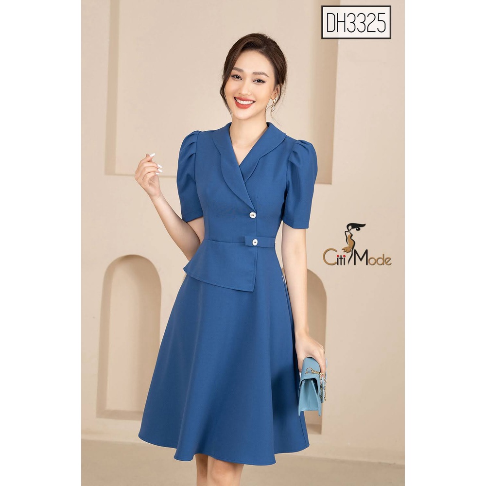 Đầm xòe công sở CITI MODE xanh dương tay ngắn cổ ve cao cấp DH3325