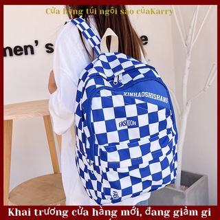 Phiên bản hàn quốc in bàn cờ túi học sinh nữ ba lô máy tính dung tích lớn học sinh trung học ba lô màu xanh Klein ba lô kẻ sọc đen trắng ba lô ngoài trời ba lô