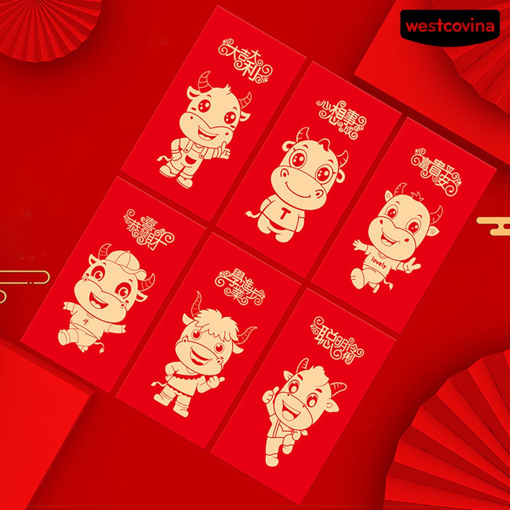 Set 6 bao lì xì đỏ in hình chú bò dễ thương cho năm mới 2021