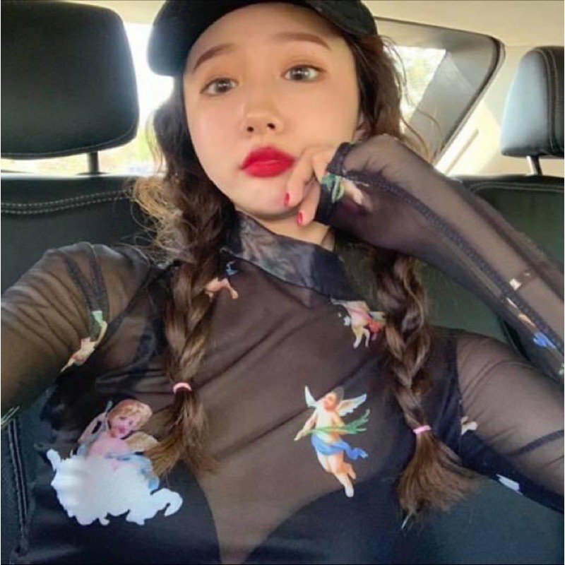 Áo lưới croptop kiểu nữ voan tay dài ôm body in hình thiên thần angel - Order taobao quảng châu