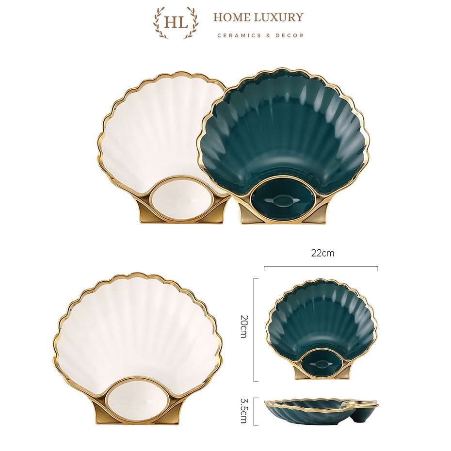 Đĩa Sò Có Ngăn Kẻ Vàng Kim | Đĩa sò cao cấp có chia ngăn gia vị | Đĩa Sứ Phong Cách VINTAGE Hình Vỏ Sò Xanh - Trắng